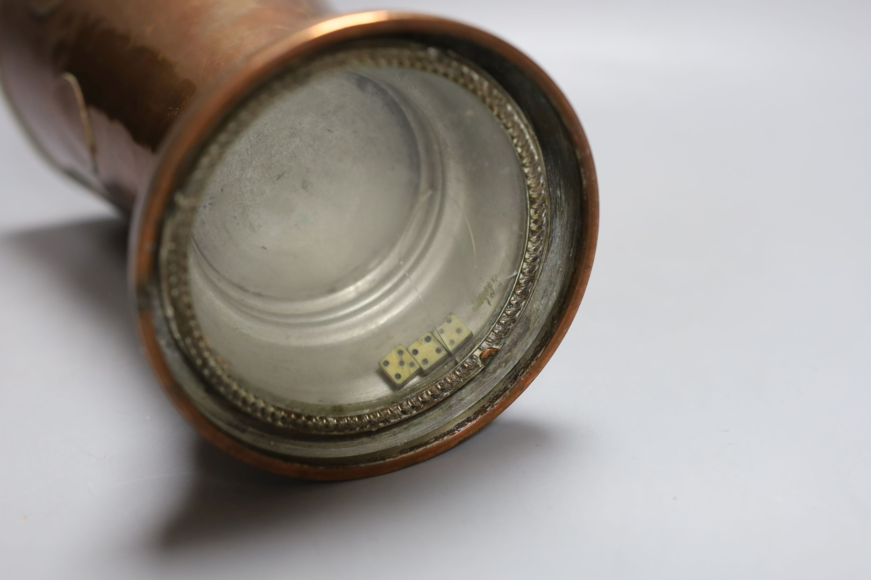 A Georgian copper gaming cup with dice in base, 20cm